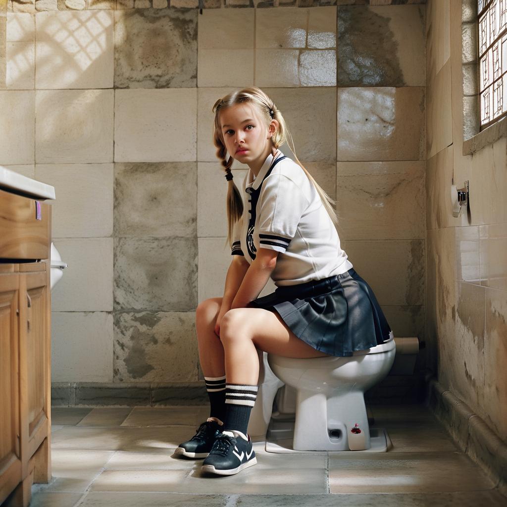  cinematic photo realistic photo, girl, sitting on a square toilet, blond hair, pigtails, shirt, skirt, stockings, sneakers, large room, stone walls, stone floor. . 35mm photograph, film, bokeh, professional, 4k, highly detailed, film photography style