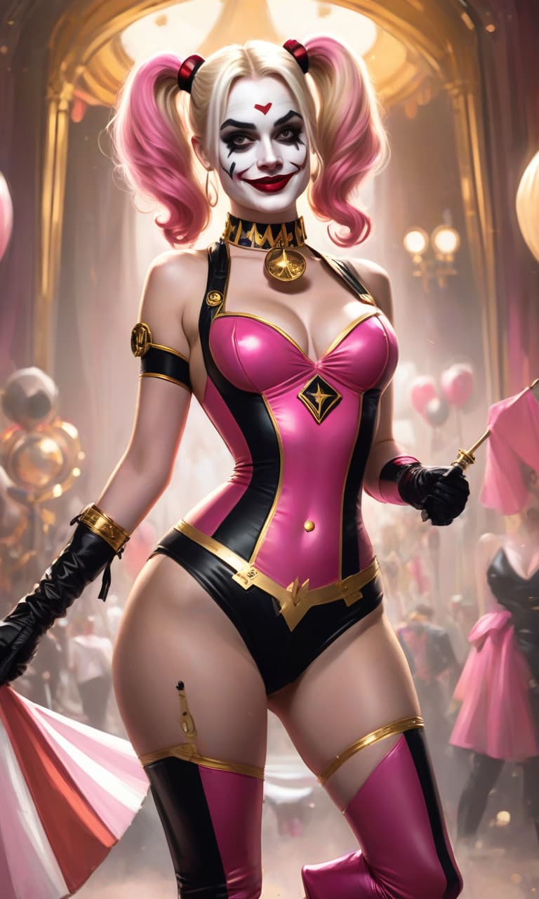  concept art pink, gold, black, white circus margot robbins to the waist in the form of harley quinn costume . digital artwork, illustrative, painterly, matte painting, highly detailed, perfect hands