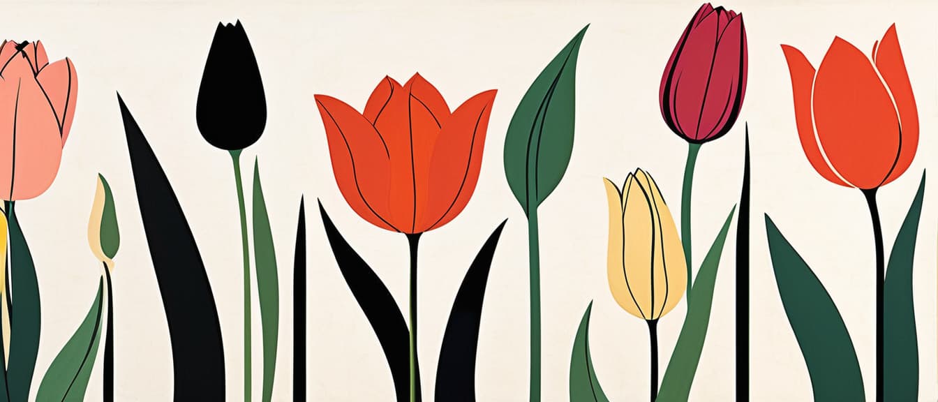  minimalism, the images features individual tulipd and leaves each illustrated with fine detail, highlighting their unique textures and curvature. the tulips vary, each carrying its own distinct form, emphasizing their organic and fluid shapes., abstract, simple geometic shapes, hard edges, sleek contours, minimalism