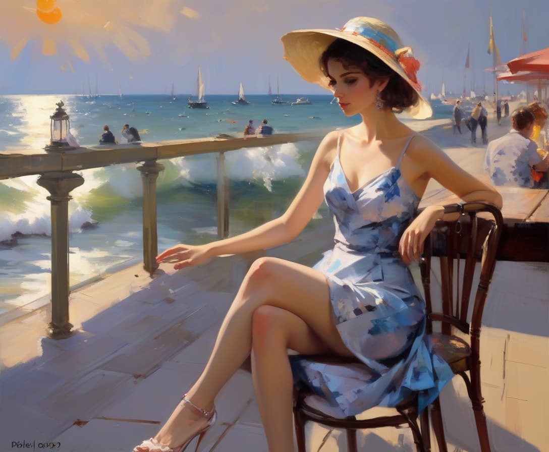  concept art landscapes sunset by konstantin razumov and mikhail garmash and volegov, modern woman embankment by the sea, embankment by the sea, street cafe, a girl in a beautiful bright summer dress sits with her back to us, very short haircut, a beautiful beach hat with large sides on her head, a cocktail on the table,, the sea in the distance, photo realism, full length seascape painting depicting a dark night scene on a stormy sea by volegov:40 konstantin razumov :40 mikhail garmash:20 styles of by thomas moran and claude monet peter wileman, keith negley, and martin ansin, seascapes, sea, sunrise, mikhail garmash, louis jover, victor cheleg, damien hirst, claude joseph vernet,blending styles of peter wileman, keith negley, and martin 