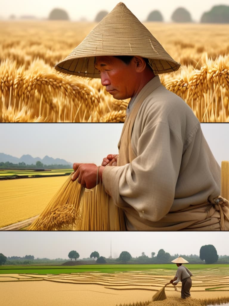  farmers are still working in the sun, and the back is heavy and stubborn. the rice swayed with the breeze as if the farmer had worked hard. each grain is the crystal of sweat. chinese ancient farmers