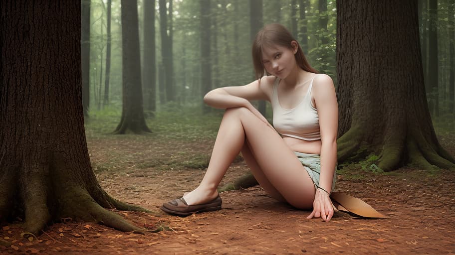  a young woman in short shorts sits in the forest on a stump, holding a piece of paper with an inscription in russian: "Я ДАША", photorealistic, hyperrealistic, hyperdetailed, analog style, demure, detailed skin, pores, smirk, smiling eyes, matte skin, soft lighting, subsurface scattering, realistic, heavy shadow, masterpiece, best quality, ultra realistic, 8k, golden ratio, intricate, high detail, film photography, soft focus