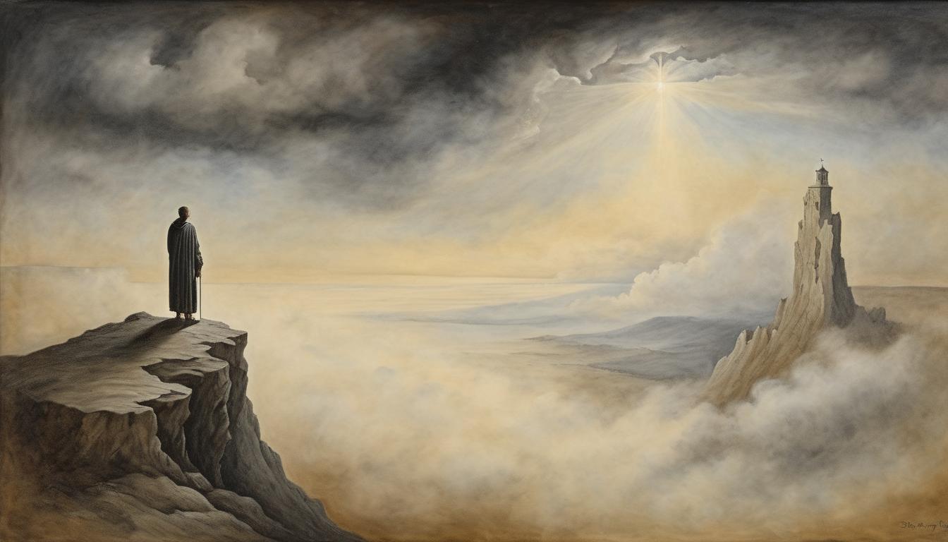  on parchment, surrealism++, a figure standing on a high cliff, looking out to an expansive horizon, light breaking through dark clouds, sense of destiny and purpose(mysterious, provocative, symbolic)++