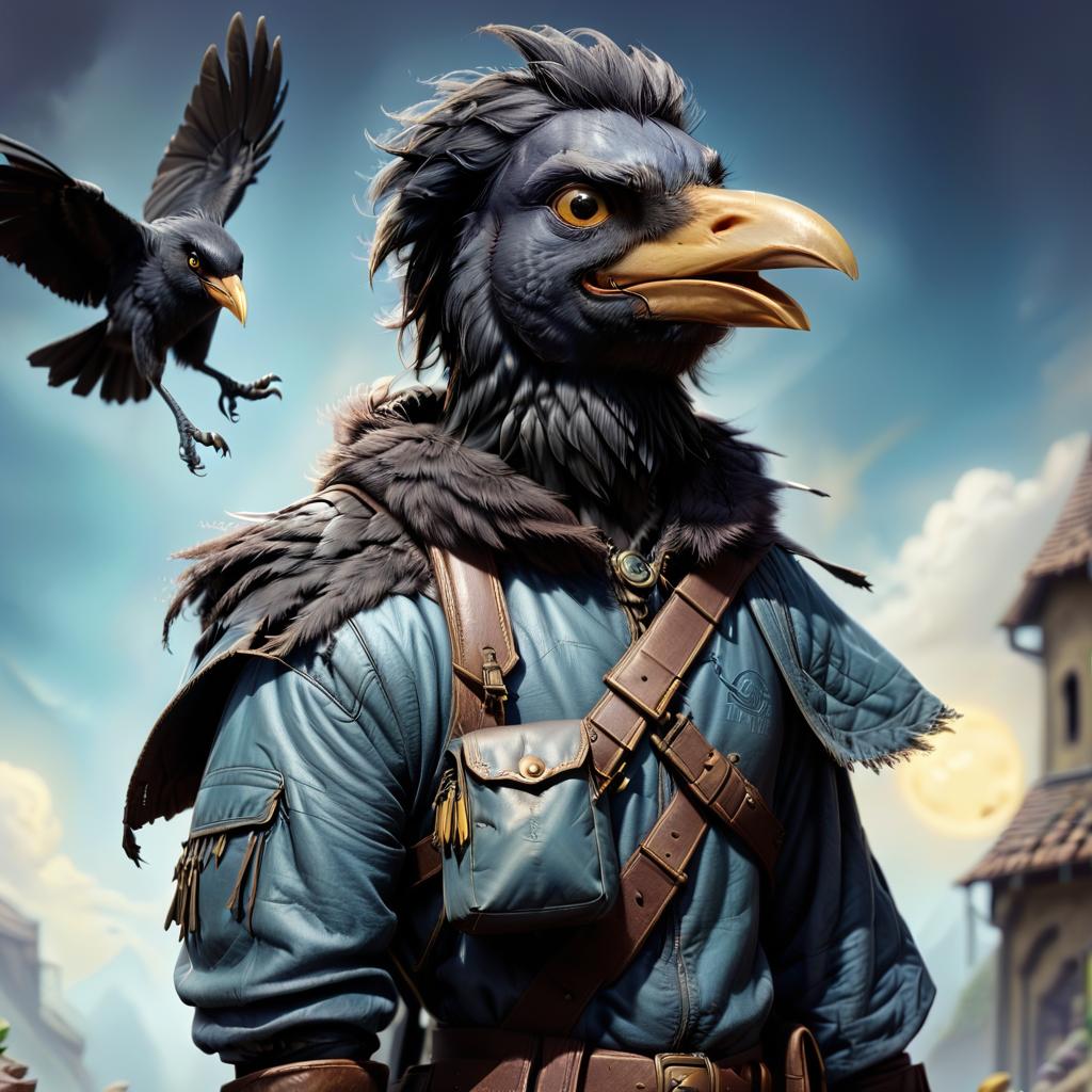  ethereal fantasy concept art of black with blue tint avian humanoid race with crow head alchemist, small beak, mischievous yellow eyes, smiling, wearing travelers rags and leather cloak with lots of pockets, has big backpack with pockets, bomb in hand, magical laboratory background . magnificent, celestial, ethereal, painterly, epic, majestic, magical, fantasy art, cover art, dreamy, civitai