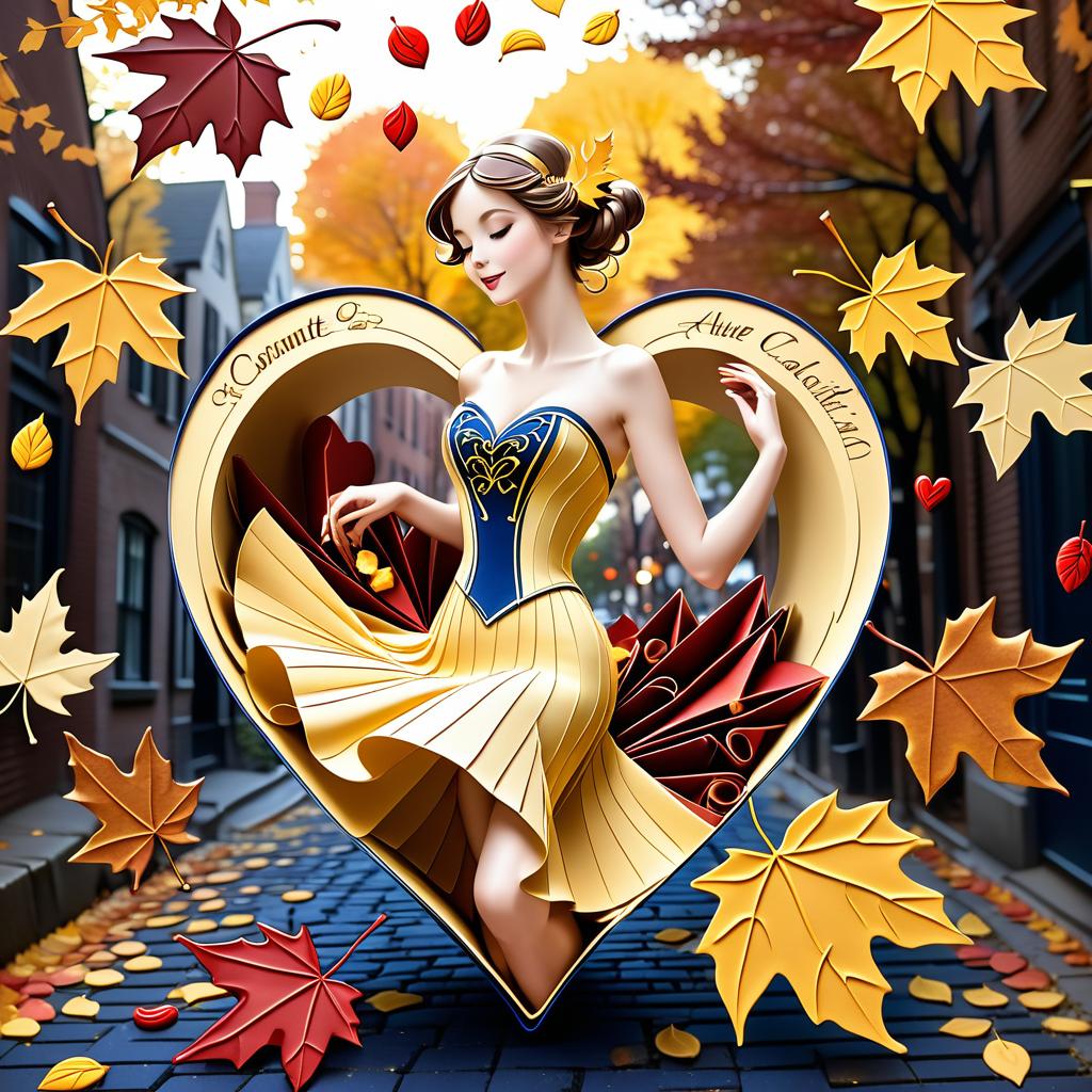  fairy tale on a carpet of yellow leaves in a simple dress of wind given crepe autumn danced a waltz boston in an alleyway. the warm day flew away and the saxophone sang hoarsely. (background of the card): falling autumn leaves, a whirlwind of autumn leaves, wind saxophone, ((a box of chocolates, the inscription "autumn waltz")) , a greeting card. (heart), a beautiful figure made of contours in the shape of a heart. (heart colour): night sky background, stars, gold pattern. (style):fantasy, autumn art, autumn romance. (colours):gold, green gold, navy blue, red, red gold, brown gold, silver, golden blue, bluish blue, dark blue on gold . magical, fantastical, enchanting, storybook style, highly detailed