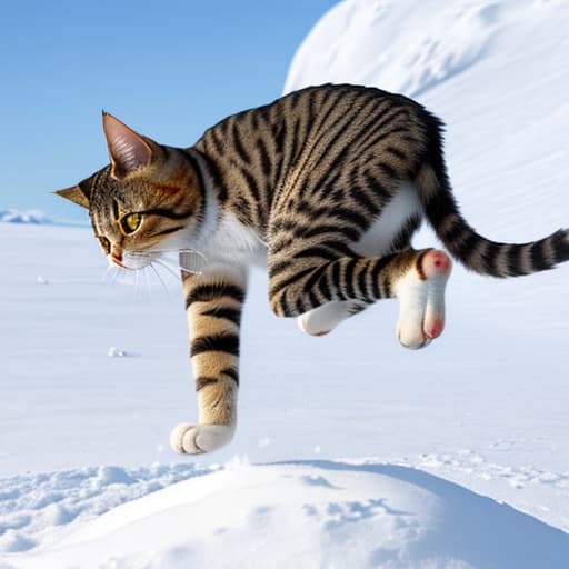  A cat jumping on snow,