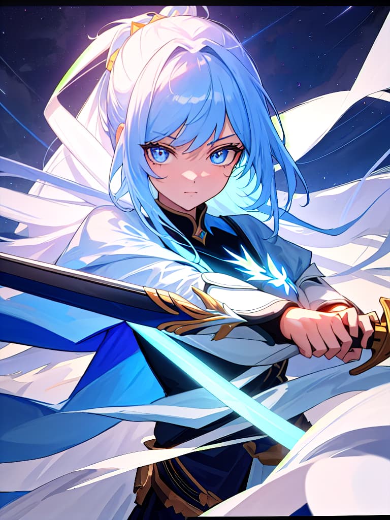  a woman whose eyes with a sword fighting the night sky are shining blue, masterpiece, best quality,8k,ultra detailed,high resolution,an extremely delicate and beautiful,hyper detail