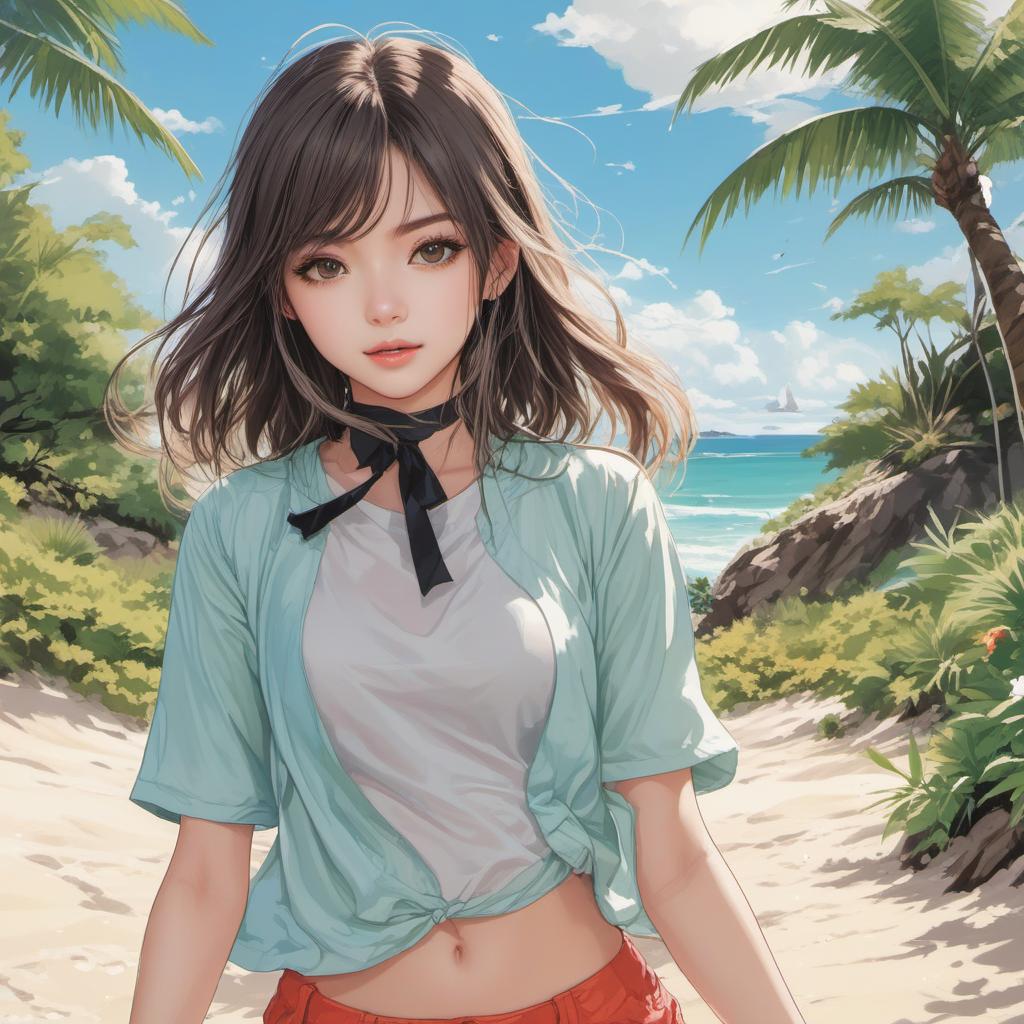  girl in a beach, anime style, manga style, manhwa style