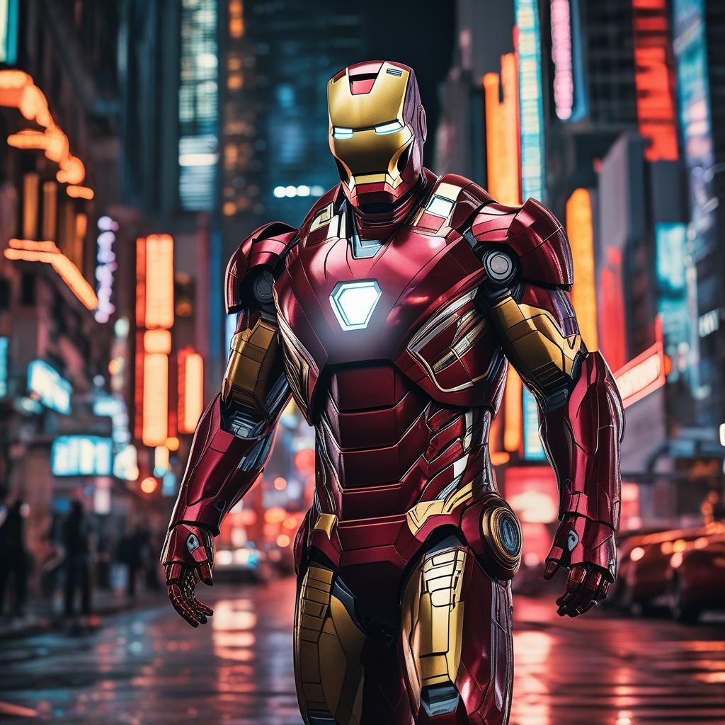  masterpiece, best quality, Best quality, masterpiece, 8k resolution, realistic, highly detailed, close up of Iron Man. In a cyberpunk-style night scene of the city, he stands on a street lined with tall buildings. The city's night lights are bright, The surrounding buildings and streets are filled with cyberpunk elements such as neon lights, high-tech devices, and futuristic architectural designs.