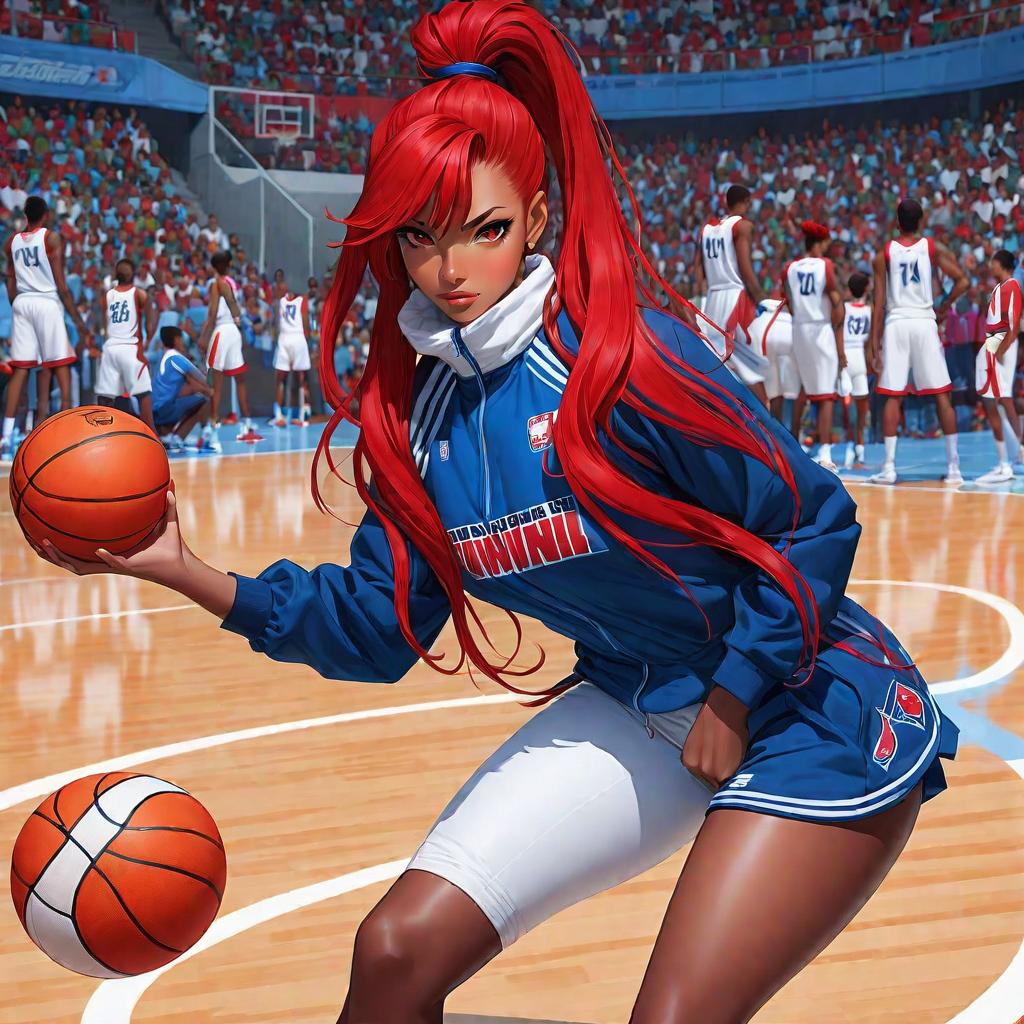  anime art very beautiful, scorpion girl, very dark brown skin woman, red eyes, red hair in puff ponytail, long hair, has scorpion tails , has sharp canines, full lips, rounded eyebrows, upturned nose, oval shaped face, lean figure, long legs, blue and white basket ball jersey, basketball court., award winning, professional, highly detailed, masterpiece