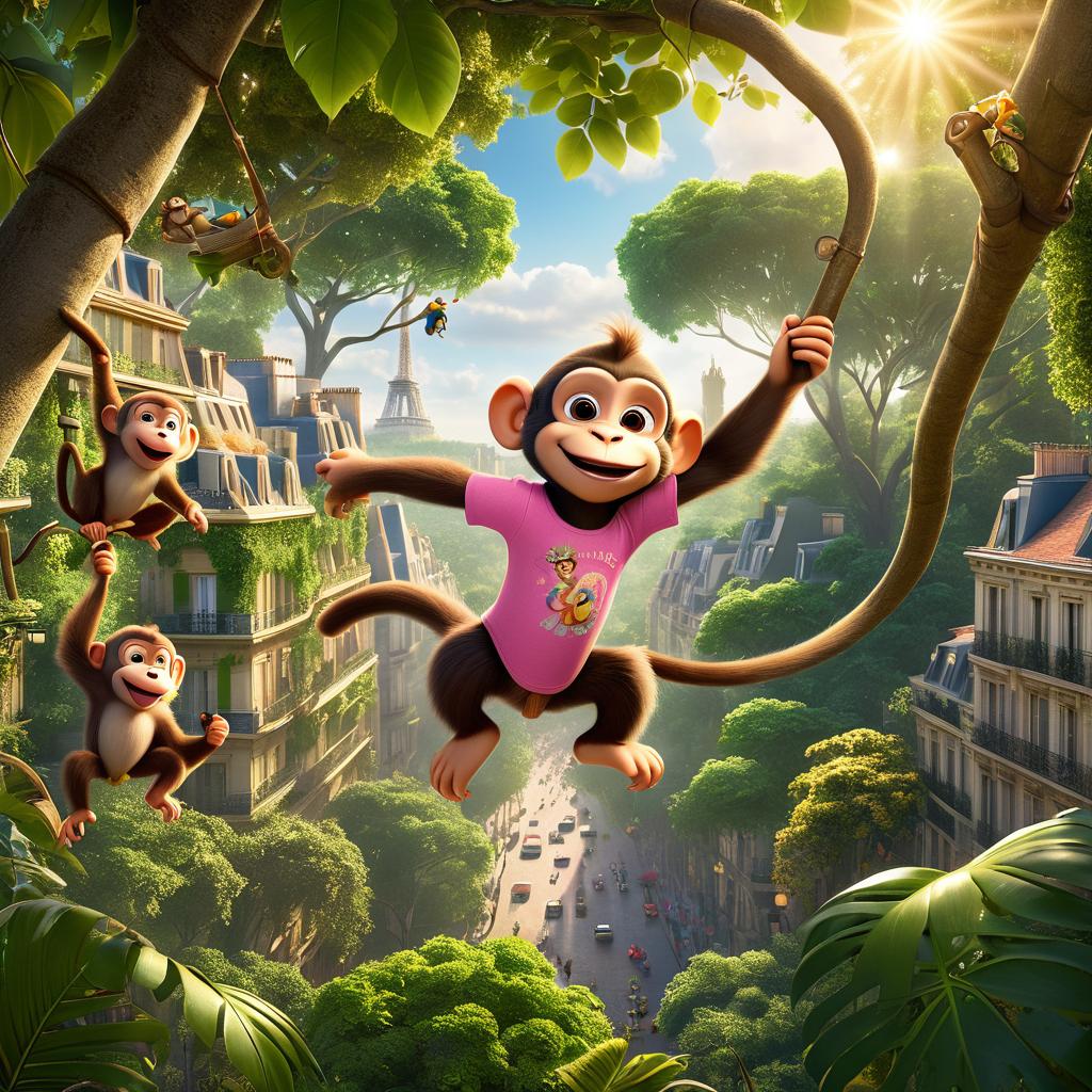  in 3d animated movie style. disney pixar style. paris, a old, inquisitive and kind hearted, dressed in a pink t shirt and denim shorts, gasped at a monkey swinging gracefully from tree to tree in a lush jungle. the monkey's fur shining in the dappled sunlight as it chattered happily, beckoning paris to join its jungle dance. rendered in high resolution pixar 3d animated film style with a focus on vint greens for the foliage and soft golden sunlight filtering through the trees, creating a warm and inviting ambiance. the scene captured from a bird's eye view lens, showcasing paris and the monkey at the center, enveloped by the rich jungle environment for a compelling narrative.