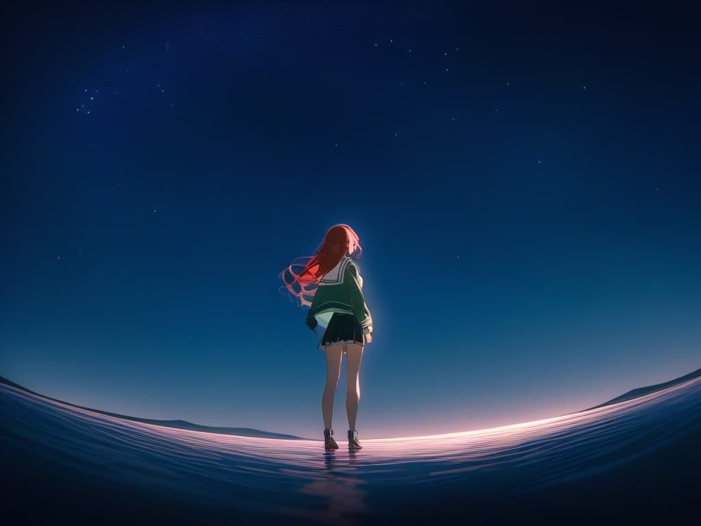  red hair, student, long hair, green eyes, back, uyuni salt lake, sunny, night, sailor suit, one person, starry sky, whole body