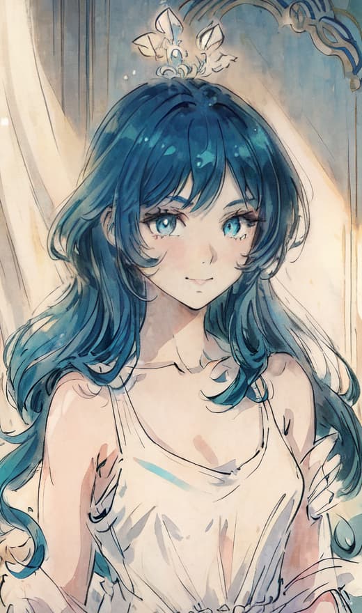  a beautiful blue haired , long messy hair, beautiful detailed deep green eyes, cute and beautiful face, shy smile, small s, white tank top, upper body view, colorful, (masterpiece:1.2), (best quality:1.2), ultra detailed, best shadow, detailed background, high contrast, (best illumination, an extremely delicate and beautiful), ((cinematic light)), hyper detail, dramatic light, intricate details, 8k, very aesthetic,
