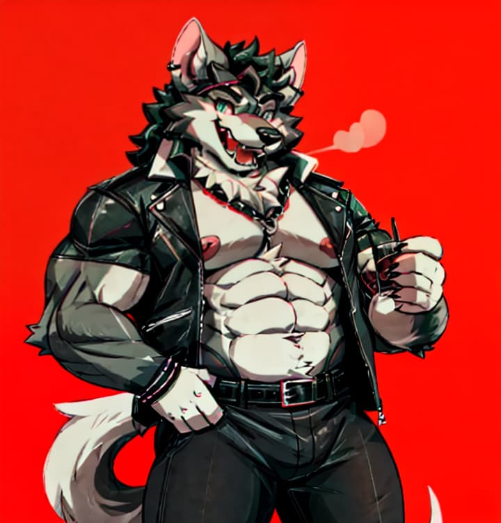  cool muscular fluffy rat and wolf mix race guy fully naked with a black leather jacket on open, (anime:1.25)