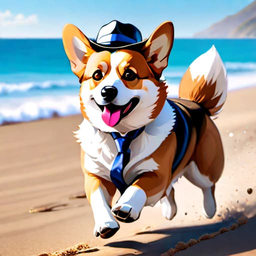  a corgi running down the beach with a big fedora. The image should be photorealistic and very realistic. hyperrealistic, full body, detailed clothing, highly detailed, cinematic lighting, stunningly beautiful, intricate, sharp focus, f/1. 8, 85mm, (centered image composition), (professionally color graded), ((bright soft diffused light)), volumetric fog, trending on instagram, trending on tumblr, HDR 4K, 8K