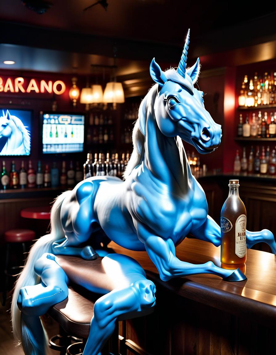  hyperrealistic art unicorn "horse", humanoid, blue, sitting in a bar with a bottle, bar counter with bottles, around people, high detail, soft lighting . extremely high resolution details, photographic, realism pushed to extreme, fine texture, incredibly lifelike