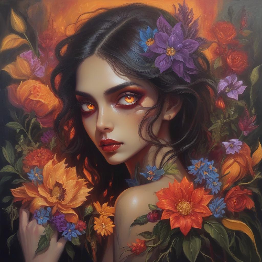  <mymodel>nataasha beautiful woman with flowers, oil painting, detailed fiery eyes, ethereal glow, dark and mysterious, high quality, vibrant colors, surreal, haunting, intricate floral details, intense gaze, mystical atmosphere, oil painting, demon, hybrid, fiery eyes, ethereal, vibrant colors, surreal, haunting, floral details, intense gaze, mystical atmosphere