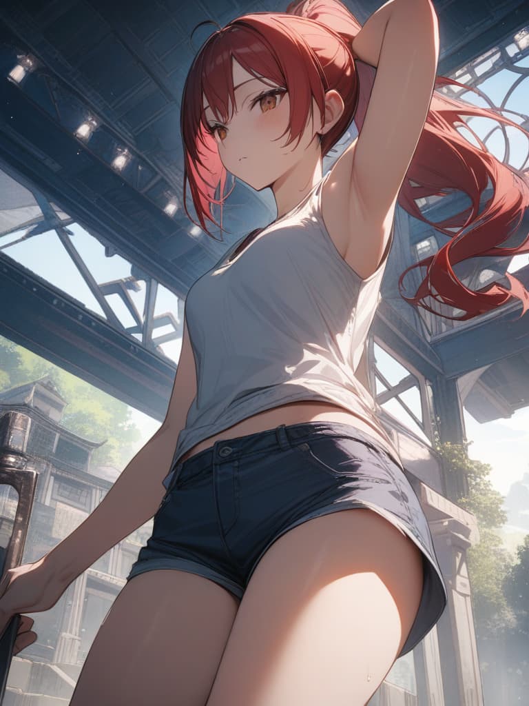  red hair, ponytail, tank top, shorts, brave, see the side, raise your arm, raise your fist in heaven, masterpiece, best quality,8k,ultra detailed,high resolution,an extremely delicate and beautiful,hyper detail