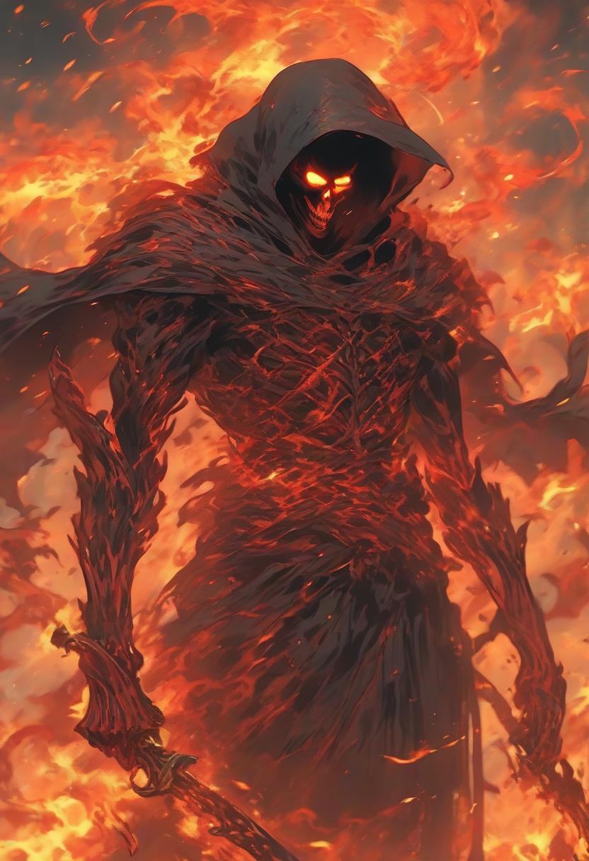  intangible ephemeral reaper phantom in the style of dark fantasy, in pursuit of the victim, fiery whirlwinds envelop his body, with his scythe he tears time and space, close up, epic picture, full hd, (((8k)))