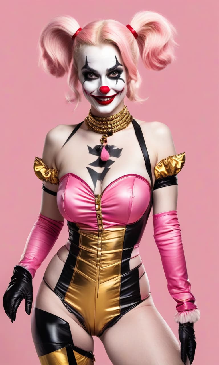  concept art pink, gold, black, white circus margot robbins to the waist in the image of harley quinn costume clown two hyena . digital artwork, illustrative, painterly, matte painting, highly detailed, perfect hands