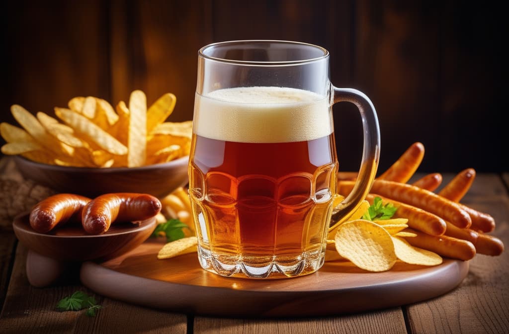  food gourmet photography style background beer is poured into a large glass mug from a keg. chips, snacks, sausages are lying on a wooden plate on the table nearby ar 3:2 appetizing, professional, culinary, high resolution, commercial, highly detailed ,soft natural lighting, macro details, vibrant colors, fresh ingredients, glistening textures, bokeh background, styled plating, wooden tabletop, garnished, tantalizing, editorial quality