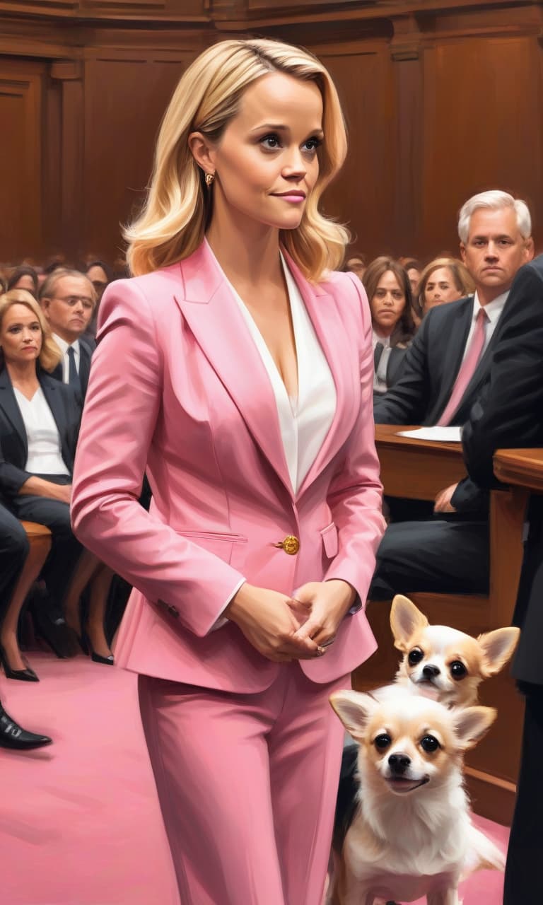  concept art color pink, white, black, gold courtroom reese witherspoon to the waist in a pink suit speaks to the judge in her arms is a chihuahua hua dog . digital artwork, illustrative, painterly, matte painting, highly detailed, perfect hands