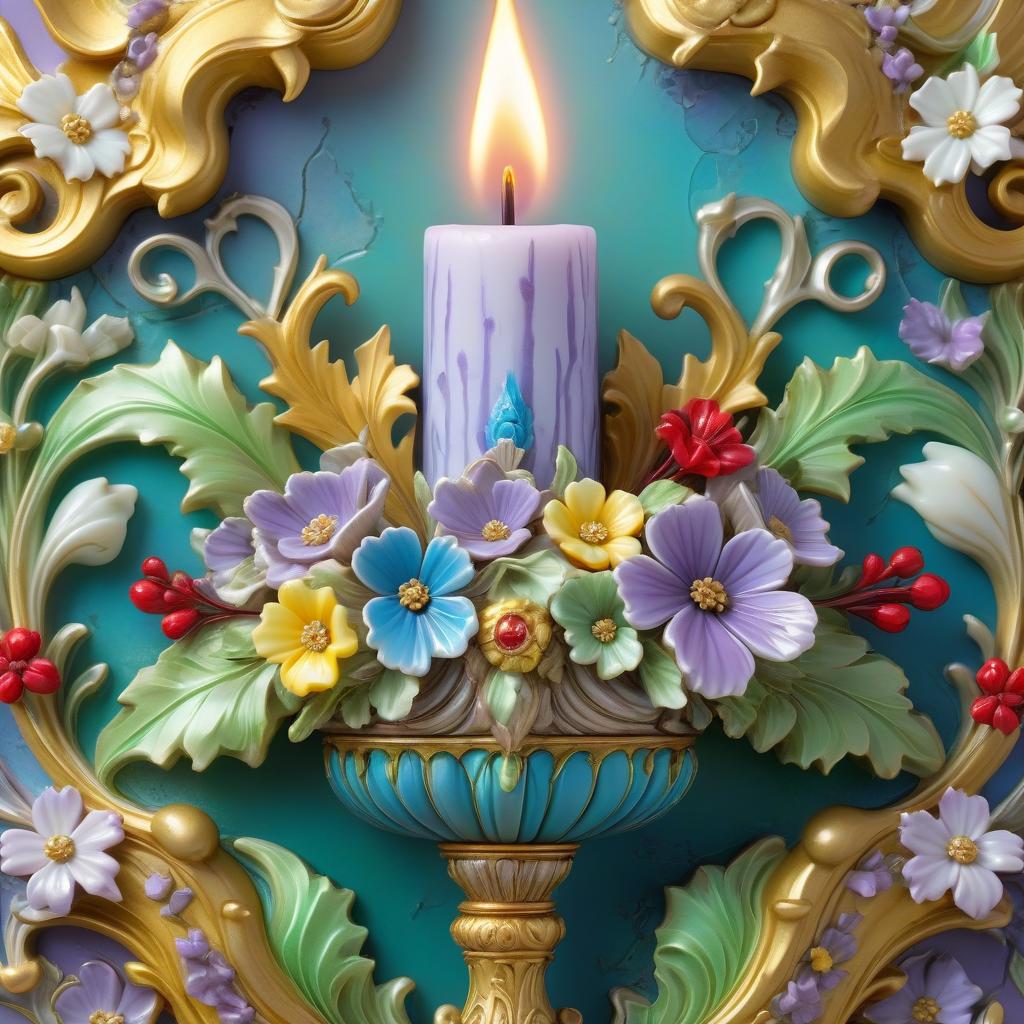  fairy tale a masterpiece. digital illustration. decorative exquisite carved candle gilded one. blue, green, yellow, lilac colors. exquisite rococo pattern, golden highlights, neon splashes, mother of pearl, silver background with small beautiful red and white flowers, hyperrealism, maximum elaboration, 8k . magical, fantastical, enchanting, storybook style, highly detailed