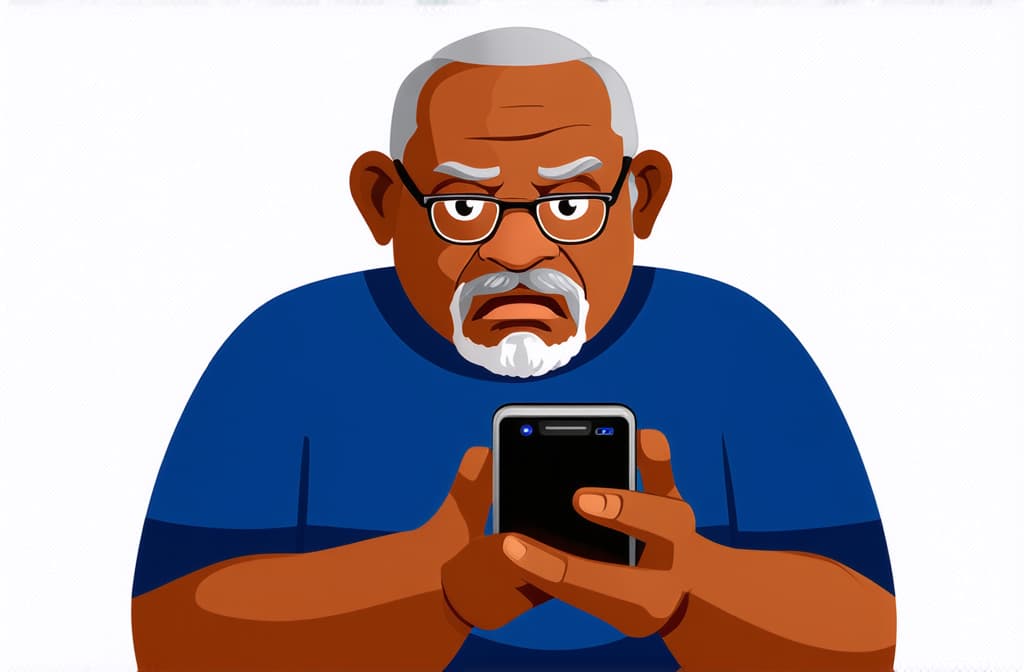  shocked surprised senior black man using smartphone isolated on white background, funny cartoon illustration ar 3:2 {prompt}, maximum details