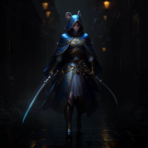 A white mouse, dressed in a blue cloak (gold edging), holds a katana in her hand (black scabbard, white hilt, golden guard), night, rainy city, fog hyperrealistic, full body, detailed clothing, highly detailed, cinematic lighting, stunningly beautiful, intricate, sharp focus, f/1. 8, 85mm, (centered image composition), (professionally color graded), ((bright soft diffused light)), volumetric fog, trending on instagram, trending on tumblr, HDR 4K, 8K