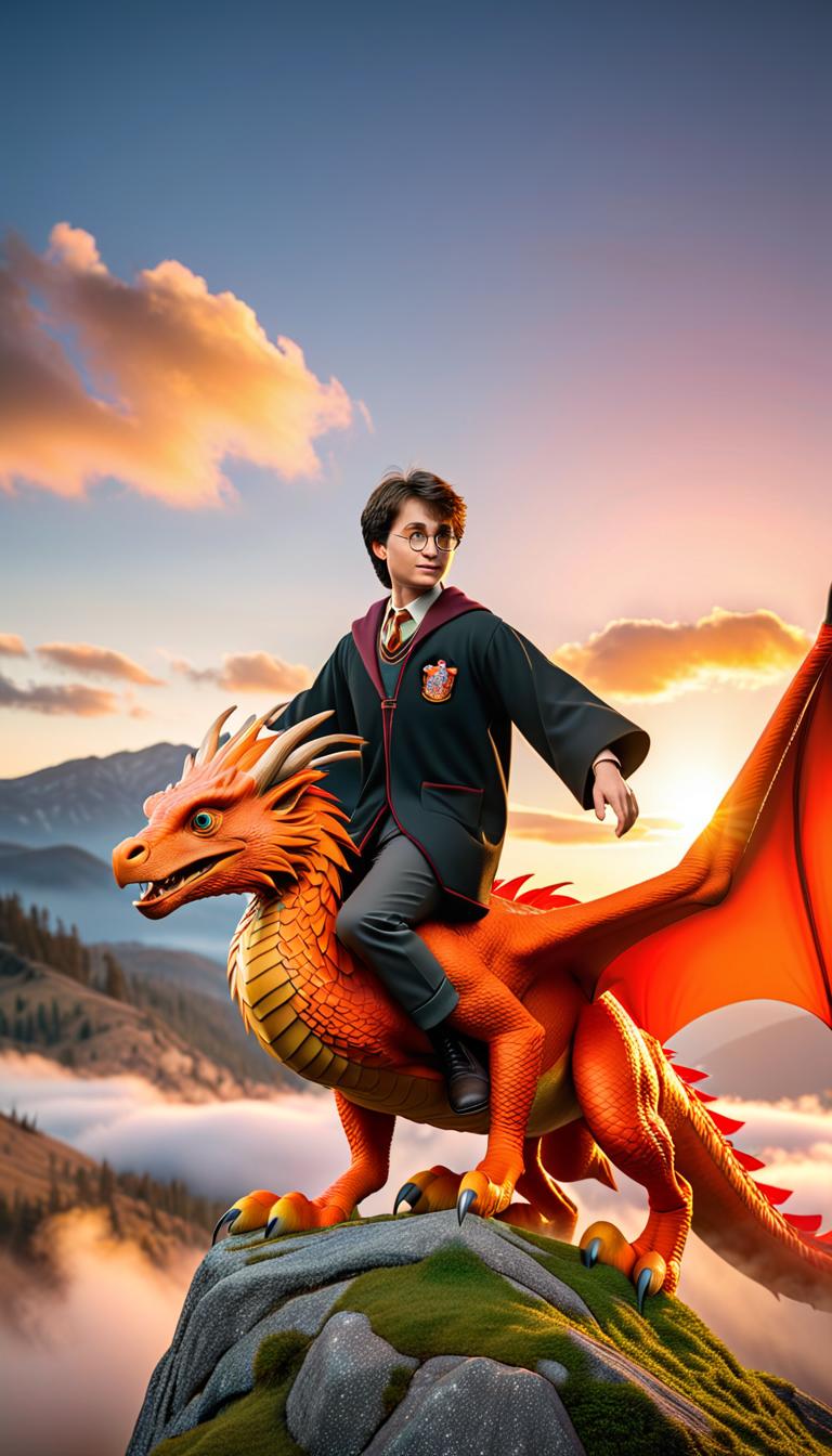  professional 3d model of harry potter in his school uniform riding on a beatyful sunset orange dragon flying throw a big fluffy cloud during the sunrise getting away from private drive . rendered with octane, the model is highly detailed,dramatic lighting. hyperrealistic, full body, detailed clothing, highly detailed, cinematic lighting, stunningly beautiful, intricate, sharp focus, f/1. 8, 85mm, (centered image composition), (professionally color graded), ((bright soft diffused light)), volumetric fog, trending on instagram, trending on tumblr, HDR 4K, 8K