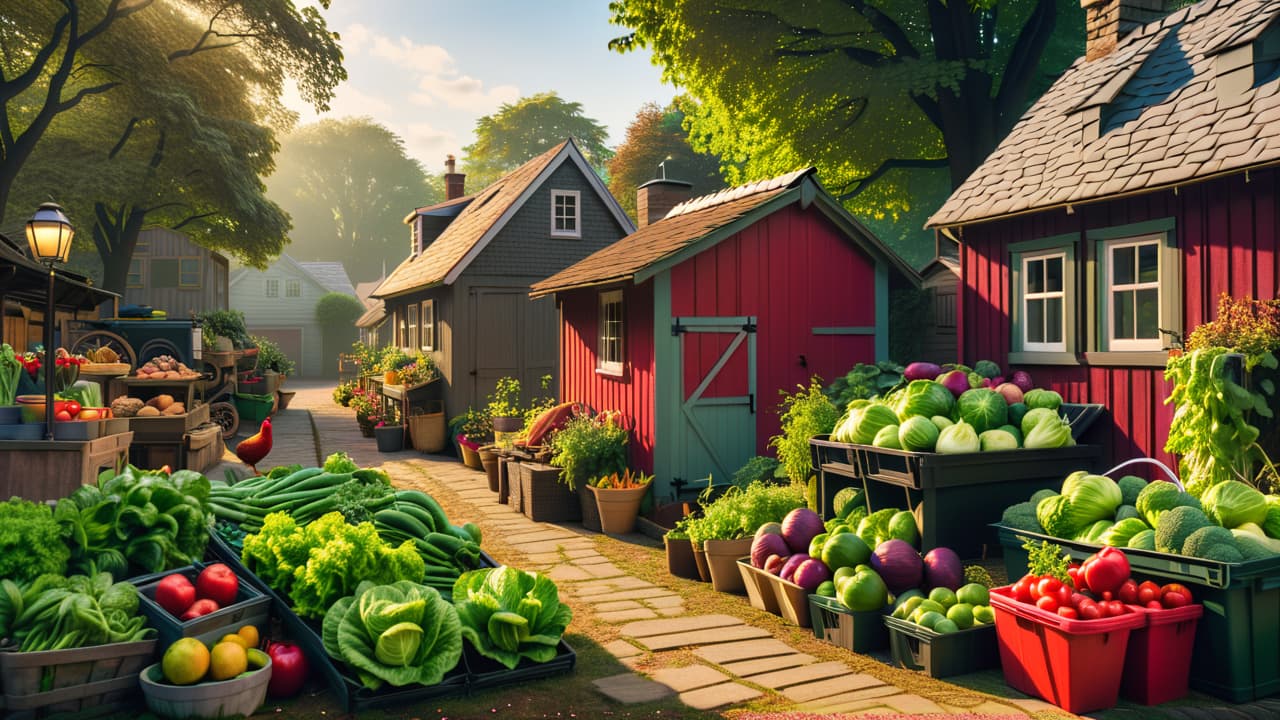  a vibrant urban garden brimming with vegetables, chickens pecking, a cozy shed with tools, a compost bin, and a farmer's market scene in the background, showcasing the blend of city life and self sufficiency. hyperrealistic, full body, detailed clothing, highly detailed, cinematic lighting, stunningly beautiful, intricate, sharp focus, f/1. 8, 85mm, (centered image composition), (professionally color graded), ((bright soft diffused light)), volumetric fog, trending on instagram, trending on tumblr, HDR 4K, 8K