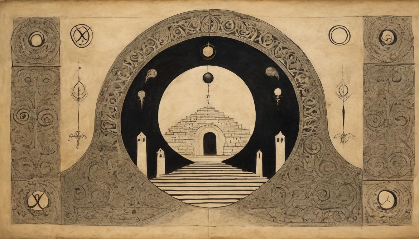  on parchment, surrealism++, portal with swirling patterns, stone archway adorned with obsidian inner order symbols, glowing faintly, sense of invitation and mystery(mysterious, provocative, symbolic)++