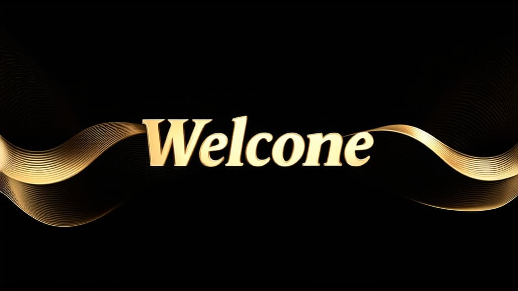  advertising style, stock photo, corporate branding style golden elegant text "welcome" on black background, golden abstract waves ar 16:9 . professional, clean, modern, product focused, commercial, eye catching, minimalist, business oriented, highly detailed