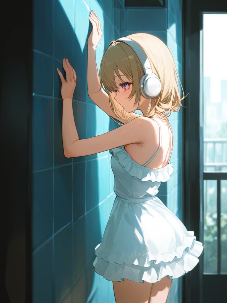  white frilled dress swimwear, back, blonde twin tail, white headphones, whole body, foot, hugging on the wall, pose that sticks the ocks, tile walls, small , , slim dress, put on the wall on the wall, masterpiece, best quality,8k,ultra detailed,high resolution,an extremely delicate and beautiful,hyper detail