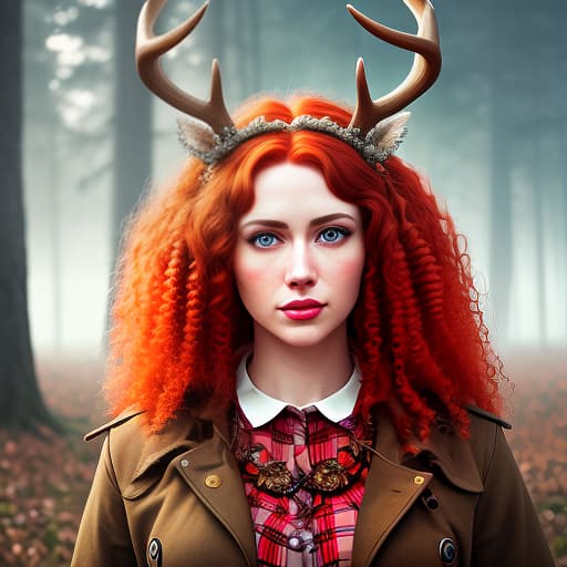  A red headed girl with red curly hair and orange eyes, wearing deer antlers on her head. A portrait from the waist up. hyperrealistic, full body, detailed clothing, highly detailed, cinematic lighting, stunningly beautiful, intricate, sharp focus, f/1. 8, 85mm, (centered image composition), (professionally color graded), ((bright soft diffused light)), volumetric fog, trending on instagram, trending on tumblr, HDR 4K, 8K