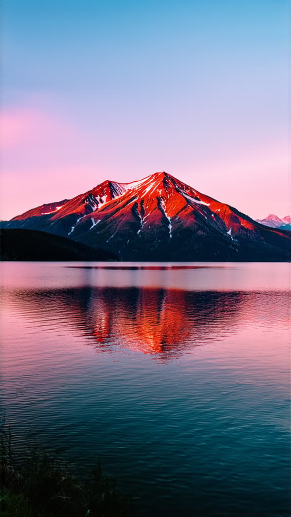  professional detailed photography, scenic mountain landscape with tranquil water reflecting a vibrant pink sunset sky, breathtaking nature background ar 9:16, (muted colors, dim colors, soothing tones), (vsco:0.3)