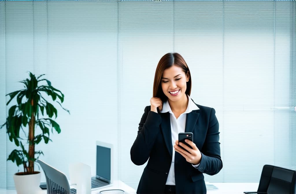  professional detailed photography, portrait of smiling businesswoman standing in open plan office. holding phone. minimalism style. happy female professional executive manager, financial banking or marketing data. ar 3:2, (muted colors, dim colors, soothing tones), (vsco:0.3)