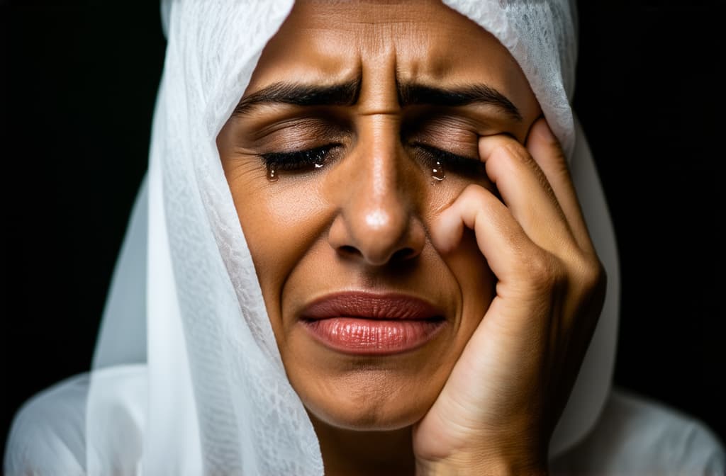  young sad middle eastern woman crying with tears streaming down her cheeks. emotional breakdown, closed eyes and closed mouth ar 3:2, (natural skin texture), highly detailed face, depth of field, hyperrealism, soft light, muted colors