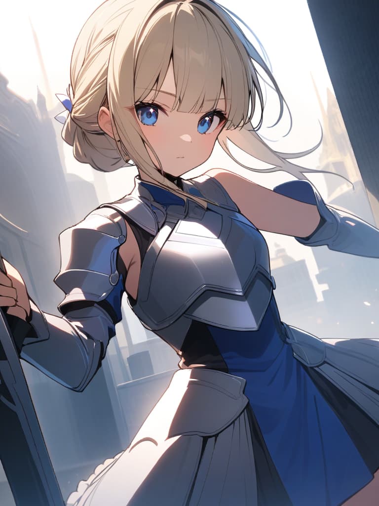  ultra detailed:1.2,masterpiece:1.2,best quality,masterpiece,bestquality,hdr:1.1,8k:1.1,very cute girl:1.3,(silver armor dress,blue dress:1.3)((blond hair,chignon:1.7)),((braided side hair,blunt bangs:1.6)),(blue head ribbon:1.1),(blue eyes:1.3),(holding great sword:1.6)dignified expression:1.3,dutch angle,upper body