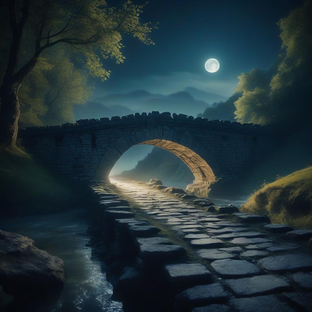  cinematic film still night. the ruins of an ancient stone bridge illuminated by mystical moonlight. . shallow depth of field, vignette, highly detailed, high budget, bokeh, cinemascope, moody, epic, gorgeous, film grain, grainy