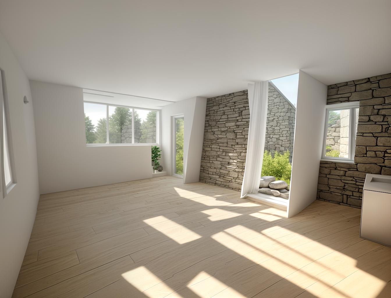  create a photorealistic image of a minimalist room with a stone wall and a large window. the stone wall should add texture and depth to the clean, modern design, while the window brings in natural light, enhancing the room's airy feel.