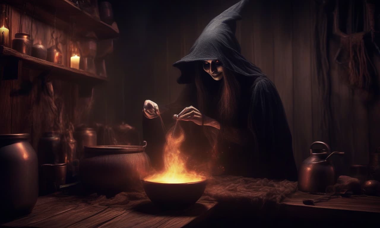  horror themed a witch brewing a potion. wooden walls in the background. spooky atmosphere. . eerie, unsettling, dark, spooky, suspenseful, grim, highly detailed