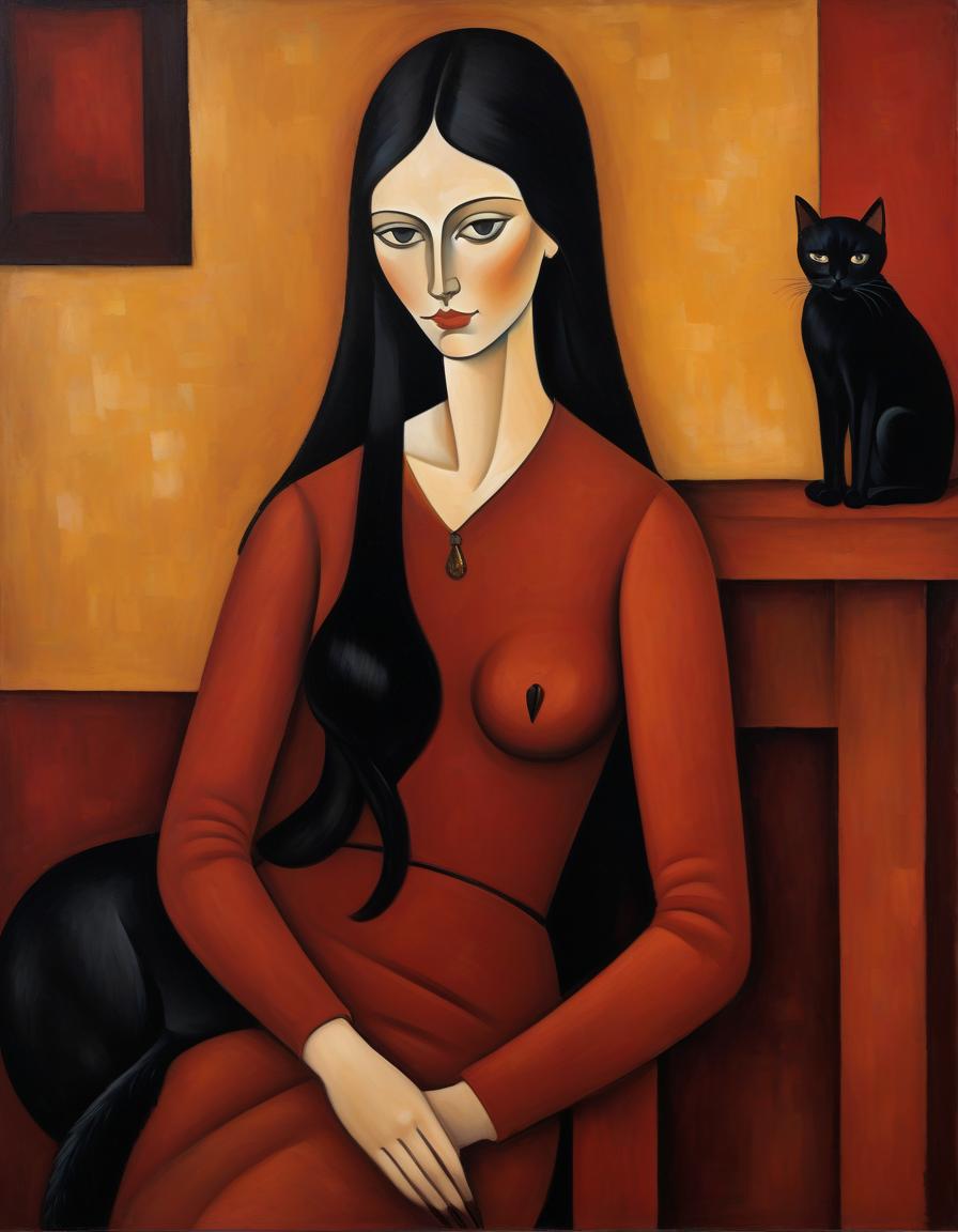  a painting of a woman with a black cat in the style of modigliani, with dark red and light amber colors, minimally editing the original text