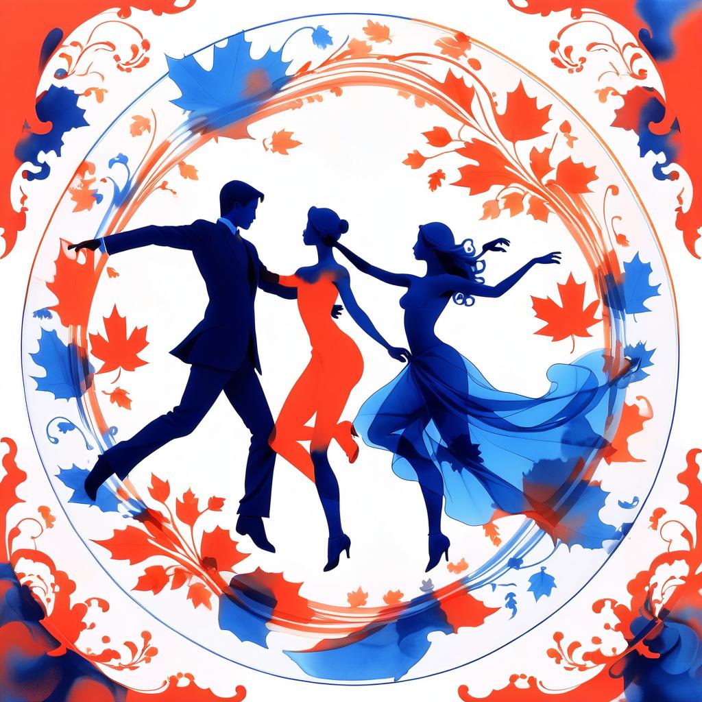  silhouette style (drawing in red, blue and orange ink, double exposure:1.4). in the center of the circle is the silhouette of a dancing couple. flying maple leaves. (crystal, flowing silk:1.3). ornate, romantic, elegant, refined. rococo style. high detail, high grace and precision of execution. . high contrast, minimalistic, black and white, stark, dramatic