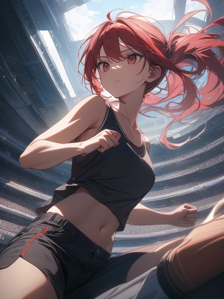  red hair, ponytail, tank top, shorts, upper cut, boxing, brave, see the side, masterpiece, best quality,8k,ultra detailed,high resolution,an extremely delicate and beautiful,hyper detail