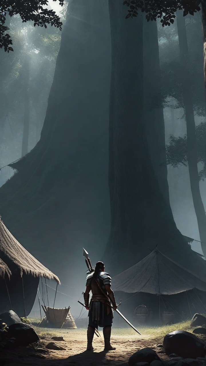  a young warrior named thiago standing in front of a dark, mysterious camp, surrounded by tall trees and shadows.