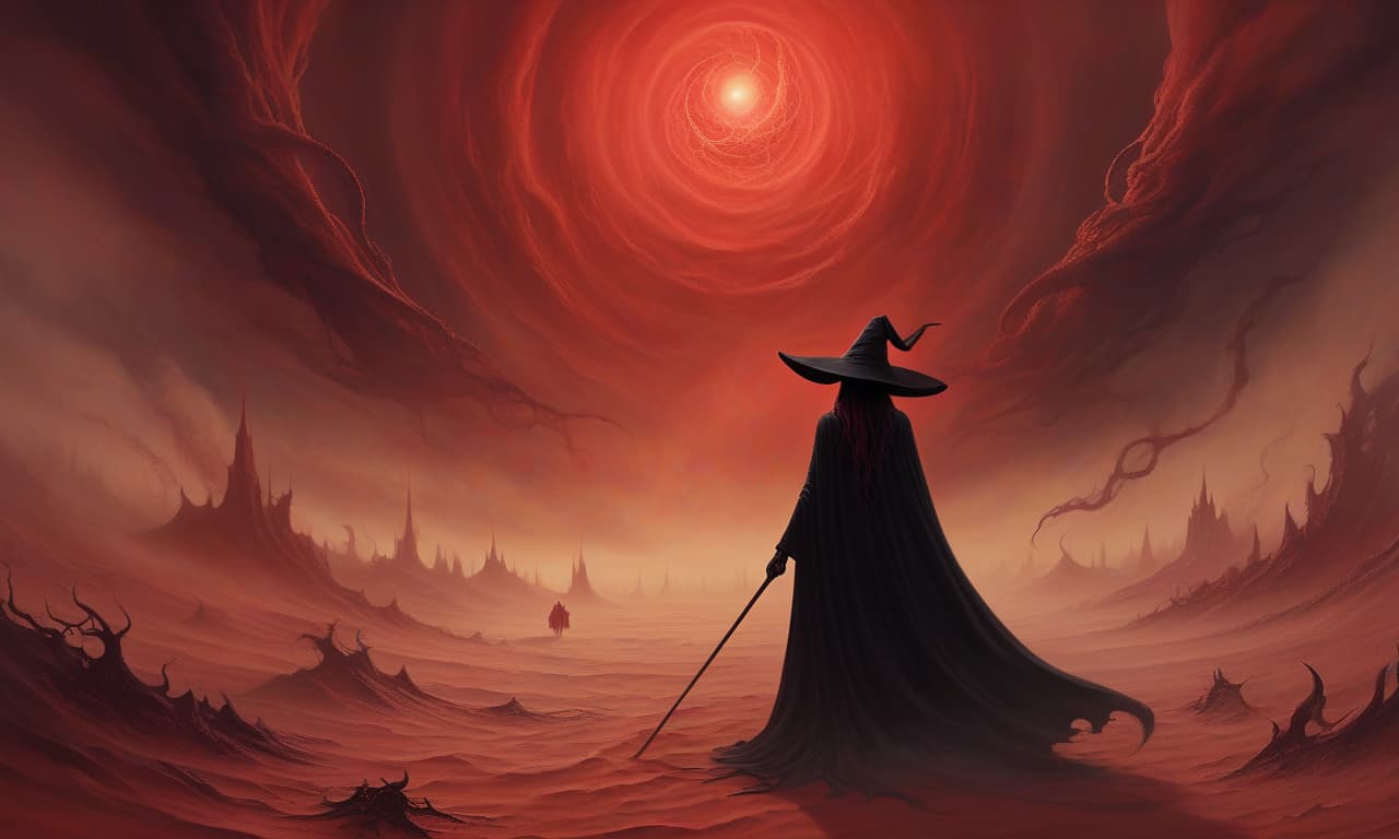  lovecraftian horror a witch in a black shroud. the witch stands in the distance. a pointed hat. a witch in a dynamic pose. red mist. red sandstorm. black sun . eldritch, cosmic horror, unknown, mysterious, surreal, highly detailed