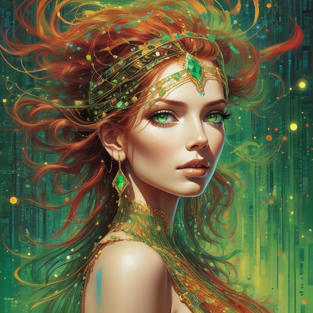  a woman with vibrant multicolored hair and a bejeweled headband, with striking green eyes and gold earrings. high quality, 8k ultra hd, imagine a vibrant canvas illuminated by a cascade of colorful binary code, forming the silhouette of a captivating brown wavy flowy hair woman, the dynamic lines and patterns, reminiscent of a digital dance, weave together to create a harmonious fusion of technology and art, the binary code, in hues ranging from electric blues to radiant reds and vivid greens, breathes life into the woman's form, her silhouette emerges as a synthesis of the digital and the organic, a testament to the seamless integration of technology and beauty in your masterful creation, high detailed, she is standing infront of a wicked