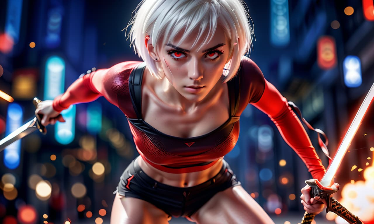  cinematic photo girl, behind a sword, short haircut, white hair, athletic build, red top, short black shorts. . 35mm photograph, film, bokeh, professional, 4k, highly detailed, perfecteyes, glowneon