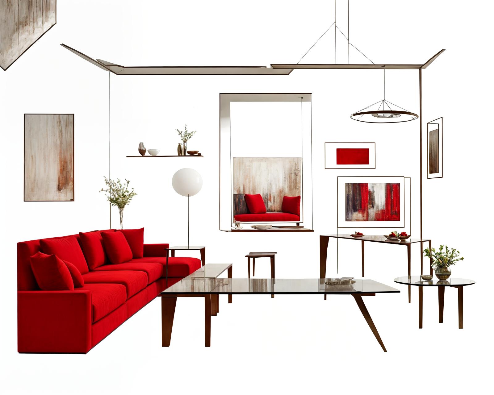  modern luxury, interior, red sofa, with dim loght,dinning table in the baclkground, luxury interior, wall, painting hanging on wall